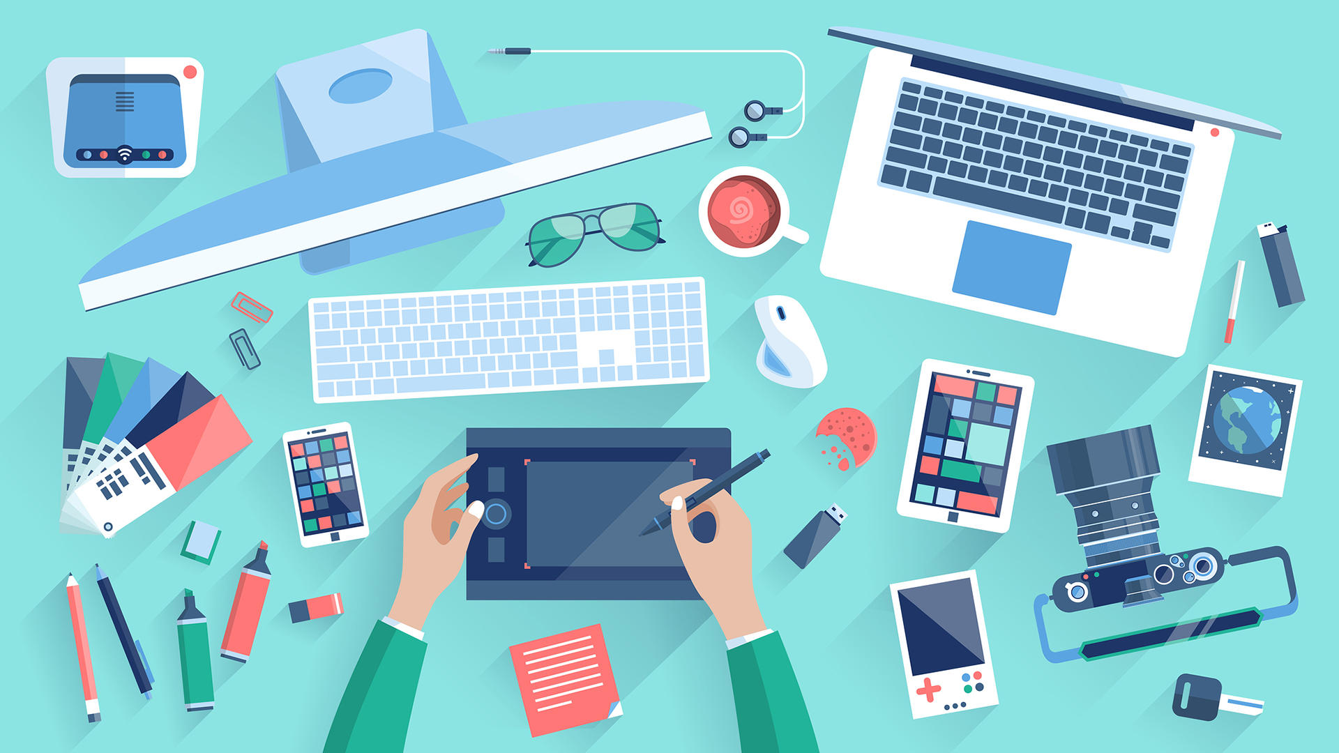 Flat design vector illustration of modern creative office workspace workplace of a designer. The office of a creative worker. Flat minimalistic style and color with long shadows for Web & Mobile App